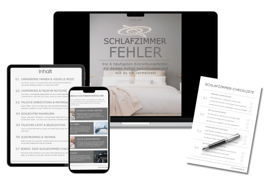 E-Book über Schlafzimmer-Fehler und besseren Schlaf mit Checkliste auf Laptop, Tablet und Smartphone
