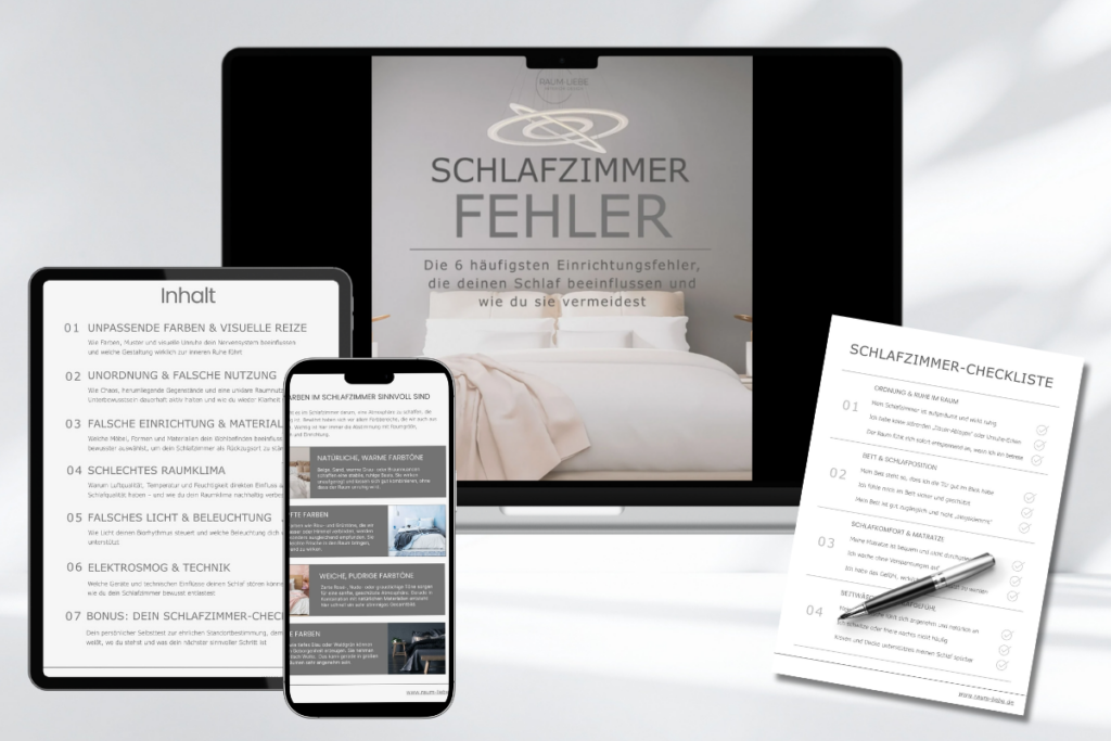 E-Book zu Schlafzimmer-Fehlern und besserem Schlaf auf Laptop, Tablet und Smartphone mit Inhaltsübersicht