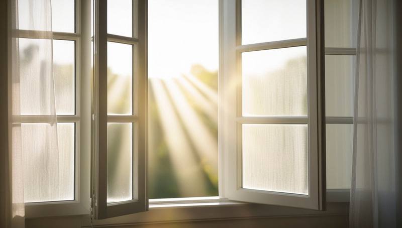 Weit geöffnetes Fenster mit Morgensonne zum Lüften