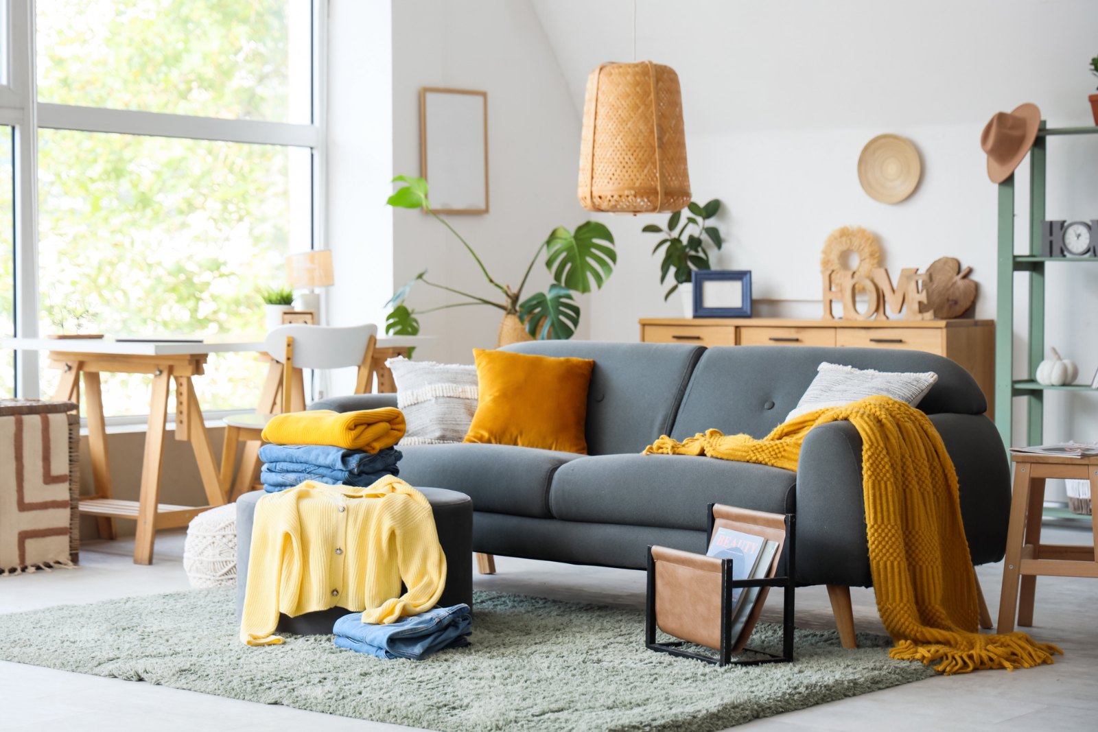 Gemütliches Wohnzimmer mit Decke und warmen Farbtupfern